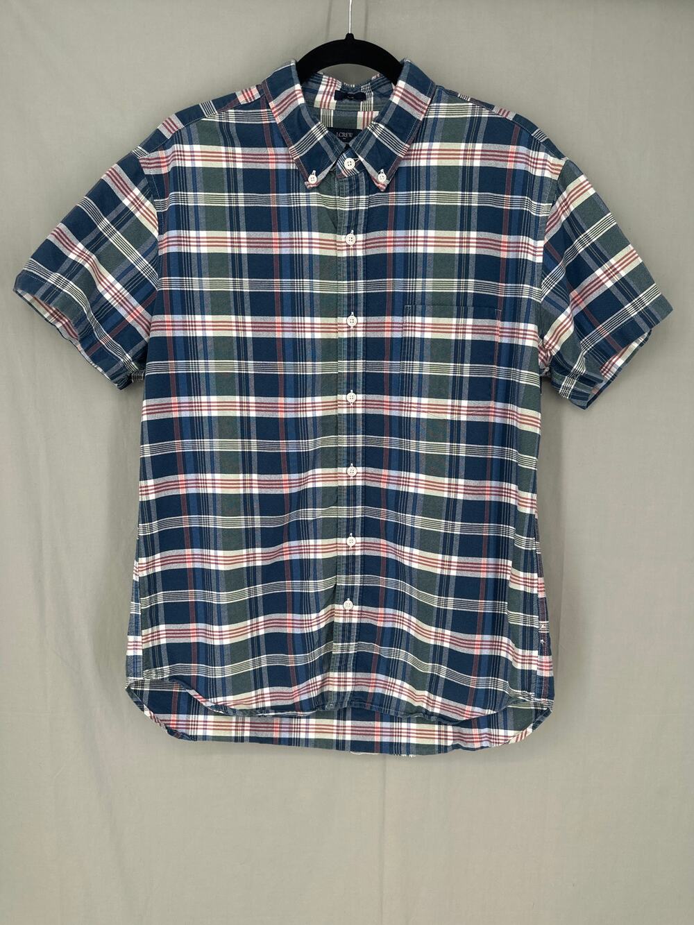 J Crew Shirt Mens Large Blue Plaid Oxford Slim Fit Button Cotton Short Sleeve